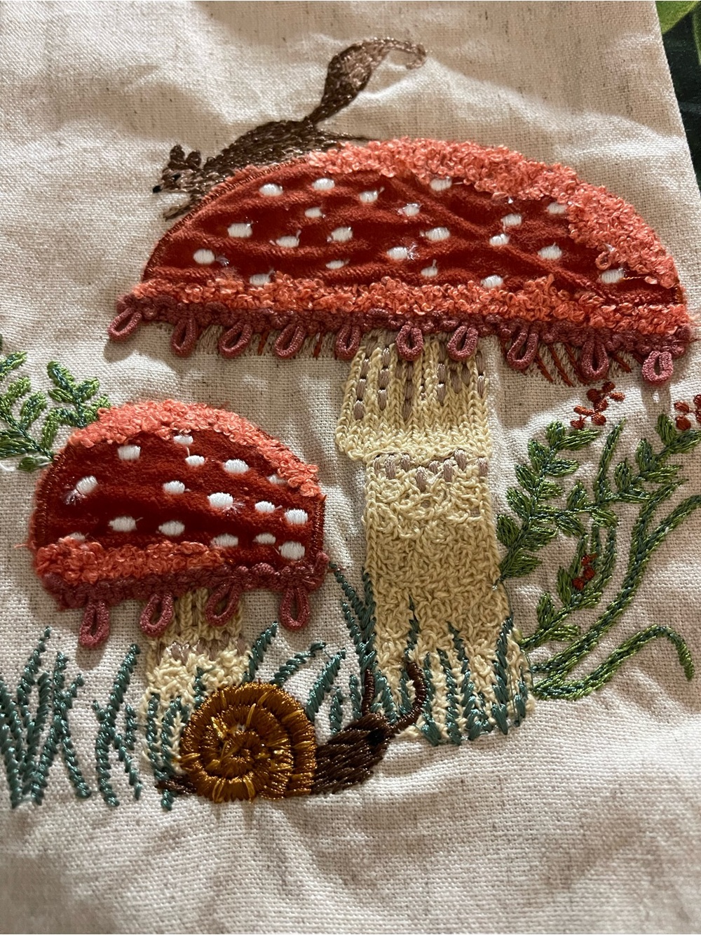 WORLD MARKET EXCLUSIVE Oatmeal Embroidered Critters Kitchen Towel, Rust Mushroom - Picture 5 of 8